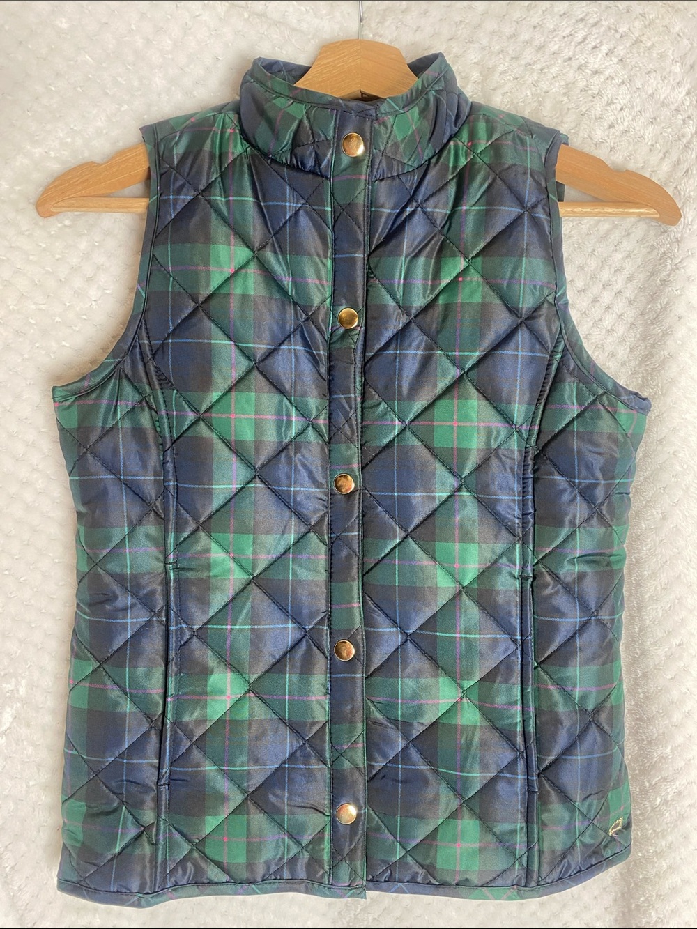 Crown & Ivy Girls Quilted Puffer Style Plaid Sleeveless Vest Green/Blue